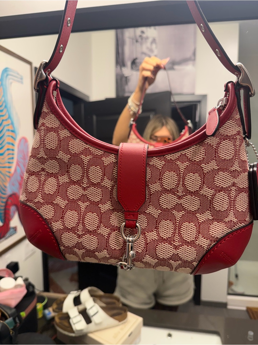 Coach Red Signature Jacquard Hobo with Leather Trim